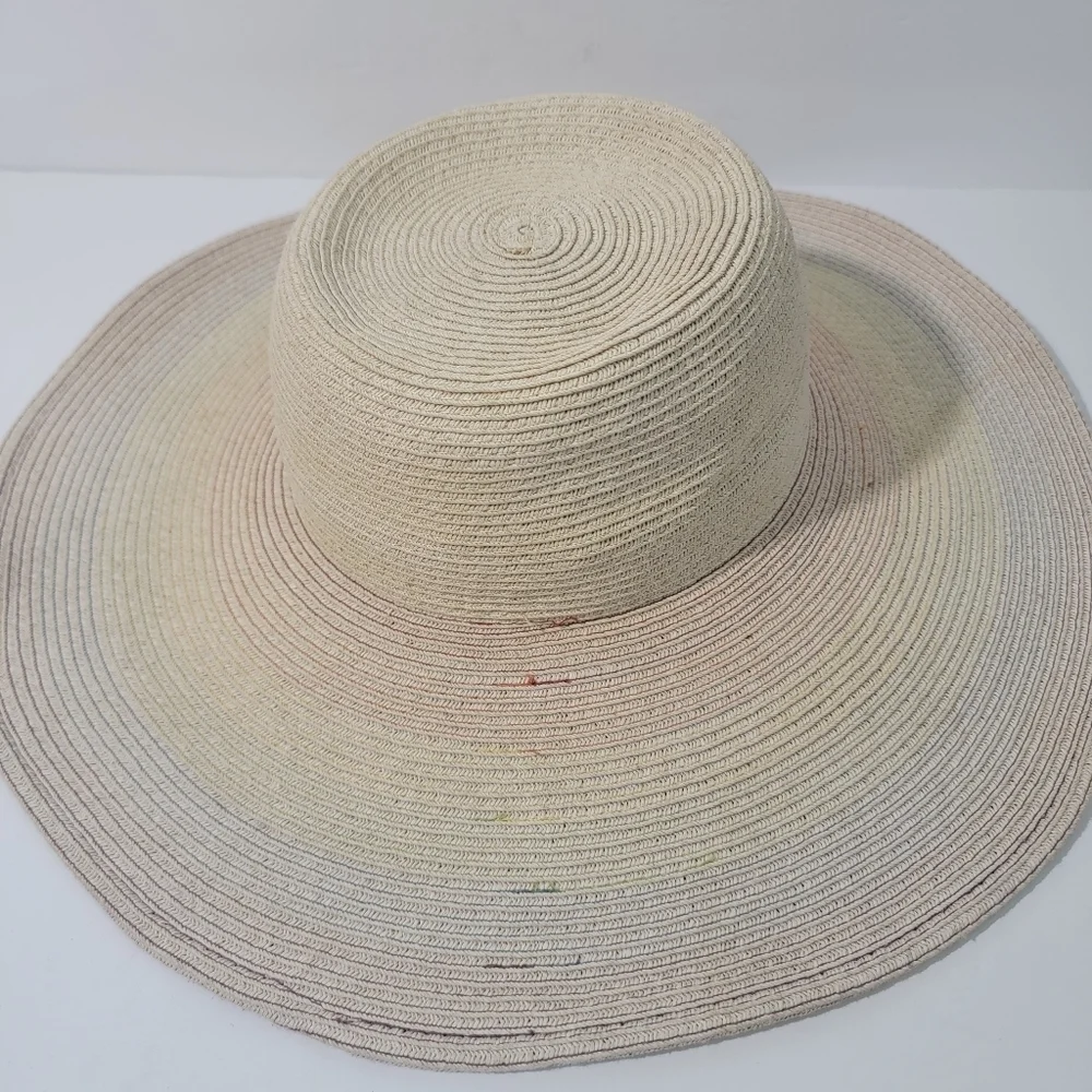 AUGUST HAT Women Neutral Striped Floppy Summer Beach Hat One Size Paper Blend